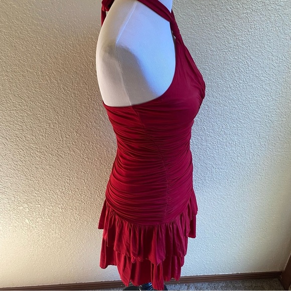 BCBGMaxAzria Halter Neck Tiered Mini Dress Cocktail Party Hot Red Ruched: Med - Picture 5 of 9